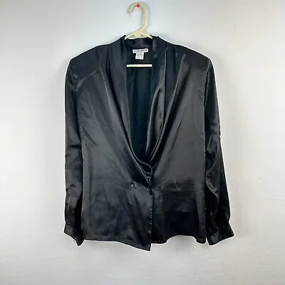 Vintage Gantos Liquid Satin Blouse Low Drape Front Button Women’s Size 14 Black • $22.88