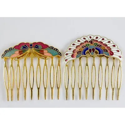 Cloisonne Enamel Hair Comb Lot Of 2 Butterfly And Peacock Hair Accessory • $24.50