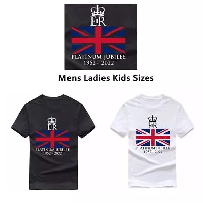 Crew Neck Queen Elizabeth II Union Jack T-Shirt Platinum Jubilee Queen's 70th • £9.19