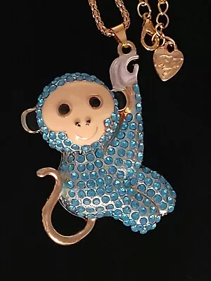 3d Betsey Johnson Blue Crystal Monkey Swinging Pendant Gold Necklace • $12.99