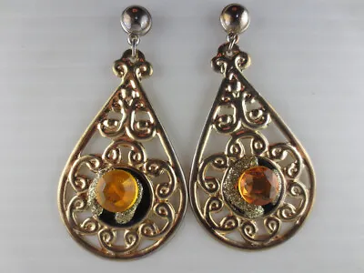 Vintage Dangling Goldtone Gold Rhinestone Black Enamel Glitter Teardrop Earrings • $6.99
