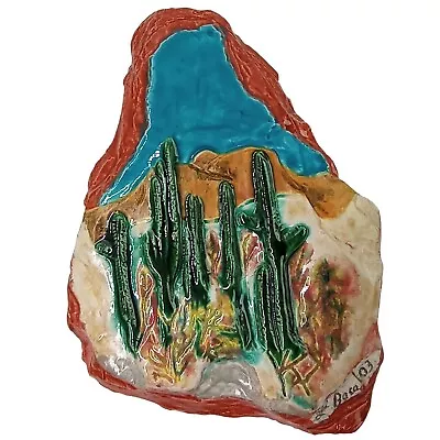 Vintage Cactus Clay Wall Sculpture Handmade Signed Desert Southwest Folk Art • $49.99