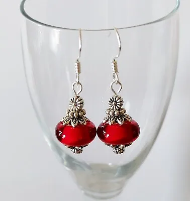 Red Murano Glass Lampwork Dangle Earrings 925 Sterling Silver Earrings Hook • $14.98
