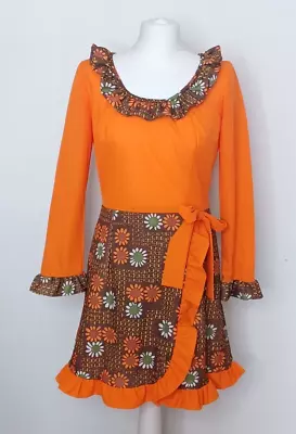 £15 • Buy Vintage Dress 60s 70s Ruffle Wrap Skirt By Kesman England Retro Floral Orange 12