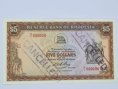 Reserve Bank Of Rhodesia $5 16th October 1972 Cancelled Note • £150