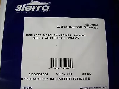 Mercury Sierra Carburetor Gasket Kit 18-7004 50hp 60hp 70hp Outboard Motor • $9.95