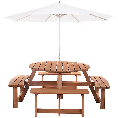 Outsunny 8 Seat Garden Outdoor Wooden Round Picnic Table Bench W/ Parasol Hold • £199.99