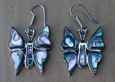 Vintage Butterfly Sterling Silver .925 & Abalone Dangle Earrings 1  Mariposa MOP • $35