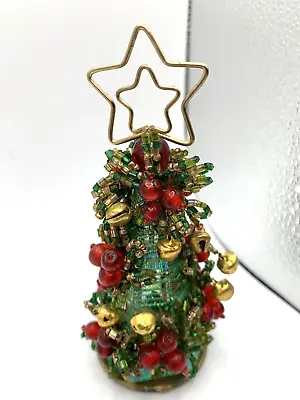 Vintage Glass Beaded Christmas Tree Miniature Jingle Bells Holly Hand Made • $15.95