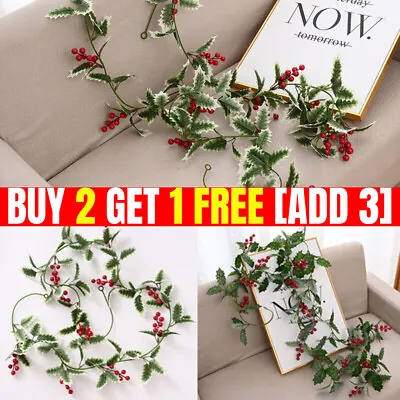 200cm Christmas Fake Red Berries Garland Artificial Greenery Holly Leaves Decor • £12.41