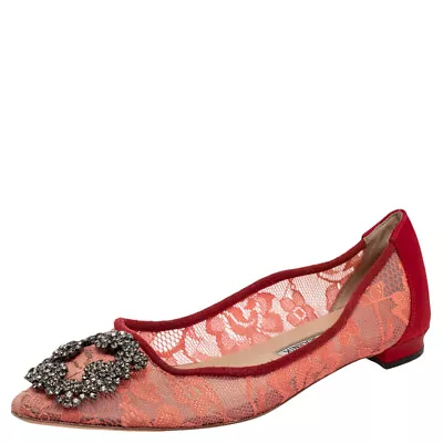 Manolo Blahnik Red Lace And Satin Hangisi Ballet Flats Size 36 • $298.20