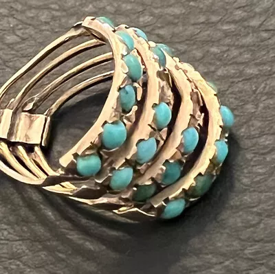 Vintage C1930 Antique 14k Yellow Gold Turquoise Harem Ring 4 Bands Small Size 3 • $265