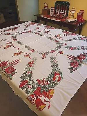 FLAWS Vintage Rectangle 59  X 50  Christmas Tablecloth Poinsettia Holiday Print • $17