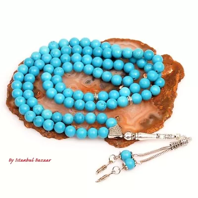 Genuine Turquoise Firuza Stone Islamic Prayer 99 Beads Tasbih Misbaha Masbaha 8m • $49.99