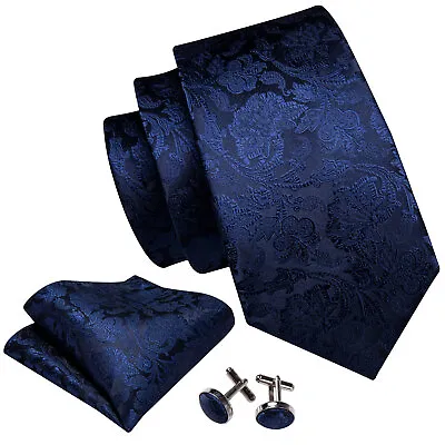 EXTRA LONG Mens Tie Silk Navy Blue Floral Jacquard Formal Wedding Necktie Set • $11.99