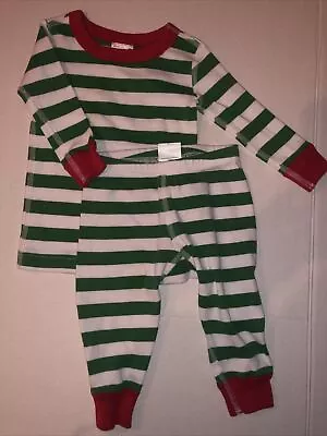 Hanna Andersson Sz 70 6-12 M Green Striped Organic Long John Pajamas Christmas • $17.50