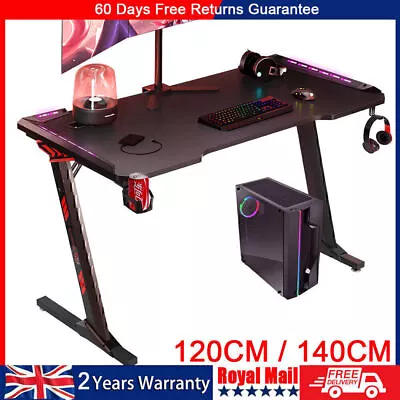 LED Gaming Desk Computer Table Workstations W/ Headphone Hook & Cup Holder Qveew • £69.99