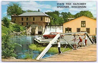 Postcard WI Spooner Wisconsin State Fish Hatchery Kids Bridge Station Wagon B42 • $7.99