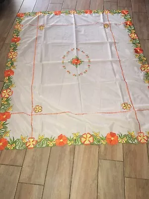 Vintage Embroidered  Floral Table Cloth UNUSED Scallop Trim  Y4 • $20