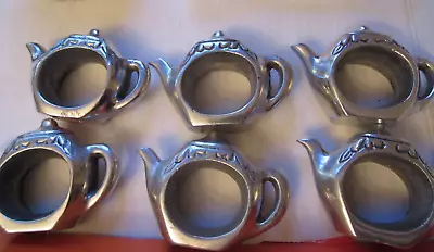 Set Of 6  Pewter Teapot Napkin Rings Vintage Heavy Pewter Metal India • $19.96