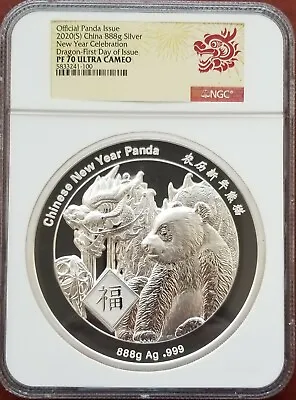 $2499.99 • Buy China 2020 888g Silver New Year Celebration Panda Dragon FDOI PF 70 188 Minted!