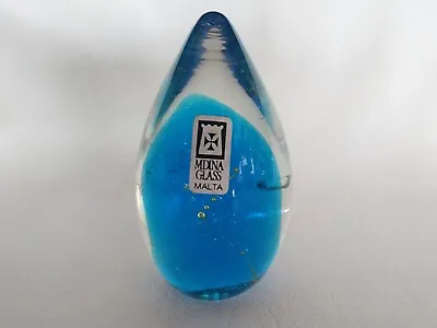 MDINA Glass Malta Ovoid Paperweight Original Labels Blue Solid 4  X 2.5  • $22.49