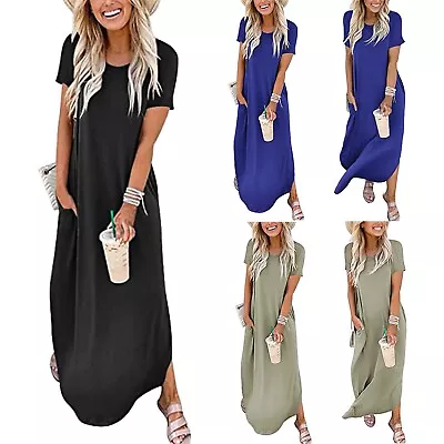 Loose Sleeve Floral Maxi Long Short Dress Casual Women Beach Pocket Solid • $27.50