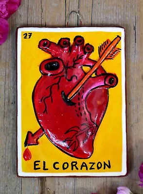 Loteria #27 El Corazon The Heart Clay Hand Painted Tonala Mexican Game Folk Art • $29