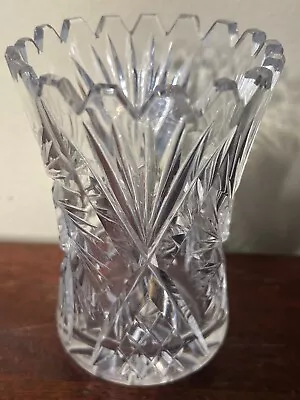 Small Vintage Hand Cut Crystal Glass Vase Etched Pinwheel 8 Point Whirling Star  • $15