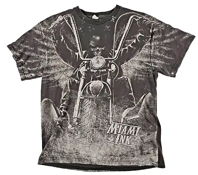 Miami Ink Y2K Thrashed All Over Print Skull Motorcycle T Shirt Mens L Tattoo Vtg • $25.49