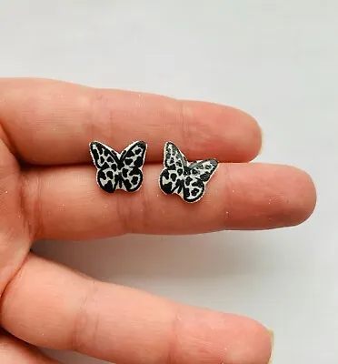 £3.99 • Buy Blue Butterfly Cow Print Black Studs Cabochon Earrings Stud Silver Look Tiny NEW