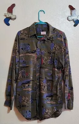 VTG Brooks Brothers Olive Cotton Button Fox-Hunt Camo AOP Sport Shirt Large • $120