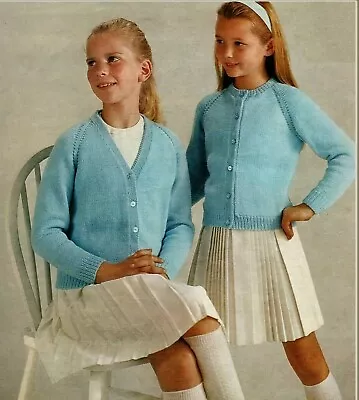   Girls Cardigans Knitting Pattern Raglan Sleeves V Or Round Neck DK 26-30  1296 • £2.09