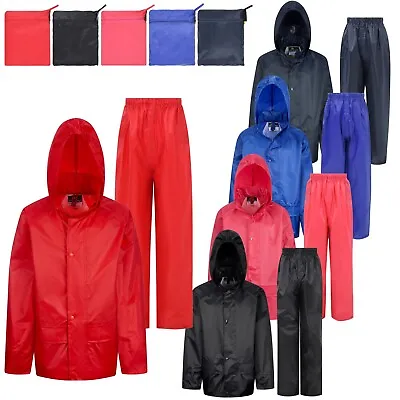 Childs Waterproof Suit Jacket + Trousers Rain Set Kids Childrens Boys Girls Hood • £13.69