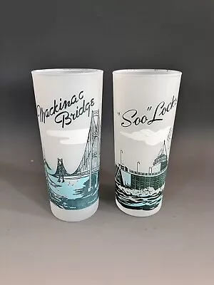 Michigan Mackinac Bridge Soo Locks  Vintage 7” Frosted Souvenir Barware Glasses • $9