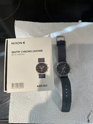 £100 • Buy Nixon A405863-00 Sentry Chrono Leather Blue / Orange Stainless Steel Watch