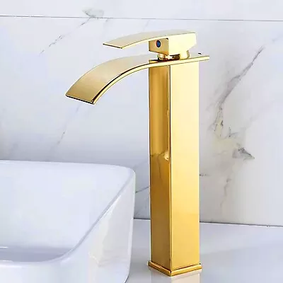 Gold Basin Mixer Sink Taps Square Waterfall 304 SUS Tall Bathroom Faucet • $72
