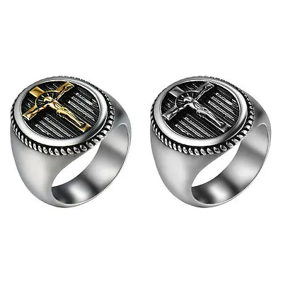 Men's Vinatge Stainless Steel Jesus Cross Christ Religious Band Ring Size 6-14 • $9.99