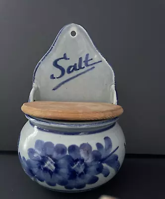 Vintage Salt Box Salt Celler With Wood Lid. Pale Blue With Dark Blue Flowers • $45