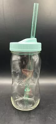 Vintage Ball Mason Jar Cup Lid Teal Made In USA Sip Glass Water Bottle Straw • $12.99