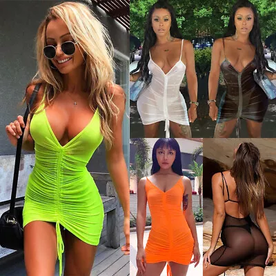 £8.12 • Buy Sexy Women's Mesh See Through Summer Beach Holiday Bodycon Party Mini Neon Dress