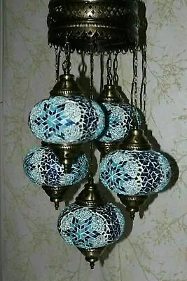 £194.95 • Buy 5 Large Globes - Turkish Moroccan Glass Mosaic Hanging Ceiling Chandelier Lamp
