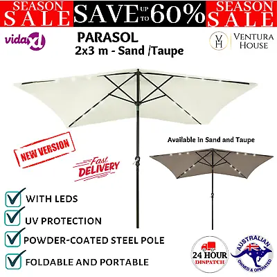 $130.11 • Buy Outdoor Umbrella With LED Lights 2x3m Tilt Crank System Portable Garden Parasol