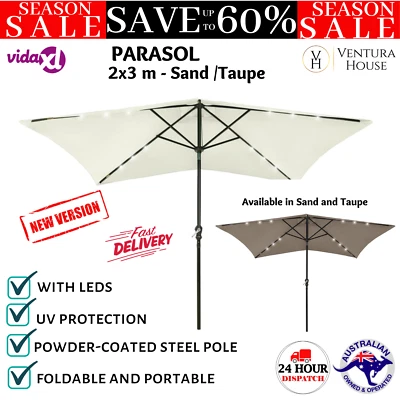 Outdoor Umbrella With LED Lights 2x3m Tilt Crank System Portable Garden Parasol • $125.76