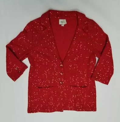 ECI New York Jacket Red Sequin Collared Bead Buttons 3/4 Sleeve Pockets Size L • $34.95