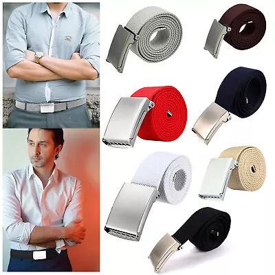 £4.25 • Buy Mens Womens Unisex Canvas Webbing Belt Regular Size Silver Buckle Army Belts