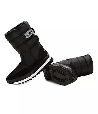 SITAQI Mens Black White Double-Strap Faux Fur-Lined Snow Boots Size 9 M US • $28.82