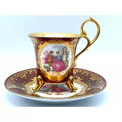 Vintage OHASHI Porcelain Head Handle Footed Tea Cup Saucer Set Burgundy Gilded • $32.24