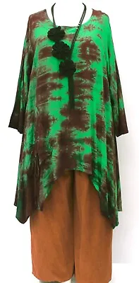 PLUS SIZE LA BASS GREEN/BROWN BATIK IRREGULAR A-LINE LONG TUNIC Size 24-28 • $85.79