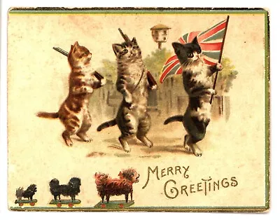 3 Cats March On Hind Legs Carrying Guns And Flag Toy Dogs Tuck Christmas Card • $33.08